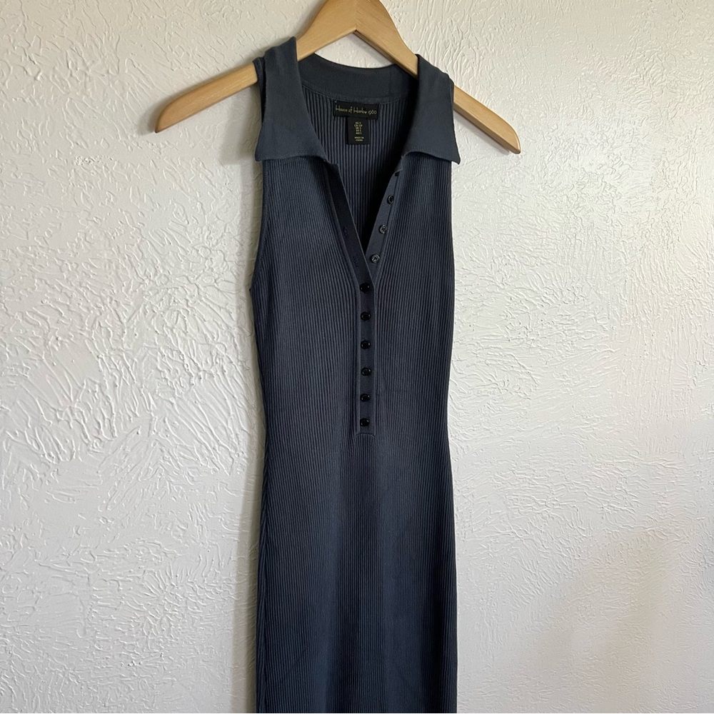 House of Harlow 1960 Slate Gray Ribbed Collared Bodycon Midi Dress Size Small